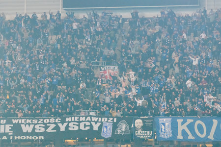 STOCKHOLM, SWEDEN - MAR 16 2023: Djurgardens IF (DIF) vs KSS Lech Poznan in the UEFA Europe Conference league at Tele2 arena in Stockholm. Final result 0-3のeditorial素材