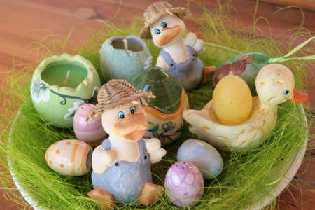 Set of Easter ornaments, with porcelain eggs, candles, etc.の写真素材