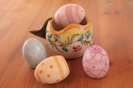 Coloured easter eggs made of decorated ceramicの写真素材
