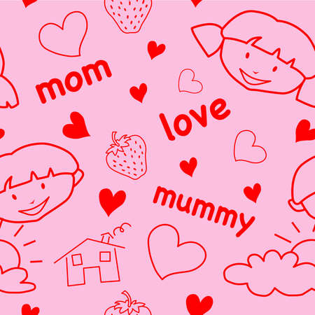 Mother's Day seamless pattern with childish drawings & heartsのイラスト素材