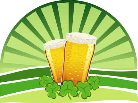Two pints of lager beer with shamrocks and a green backgroundのイラスト素材