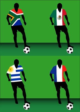 Silhouettes of soccer players with national flags reproduced on their shirts. Teams of group A for 2010 World Cupのイラスト素材
