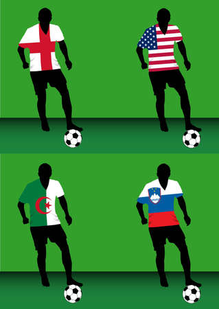 Silhouettes of soccer players with national flags reproduced on their shirts. Teams of group C for 2010 World Cupのイラスト素材