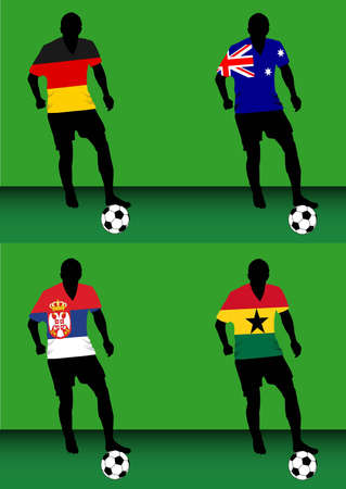 Silhouettes of soccer players with national flags reproduced on their shirts. Teams of group D for 2010 World Cupのイラスト素材