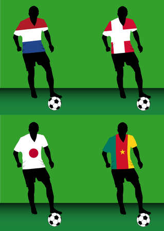 Silhouettes of soccer players with national flags reproduced on their shirts. Teams of group E for 2010 World Cupのイラスト素材