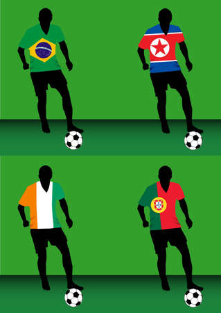 Silhouettes of soccer players with national flags reproduced on their shirts. Teams of group G for 2010 World Cupのイラスト素材