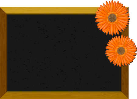 Empty old-fashioned chalkboard with a wooden frame, decorated with orange gerberasのイラスト素材
