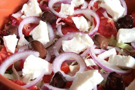 Close-up of greek salad in an earthenware bowlの写真素材
