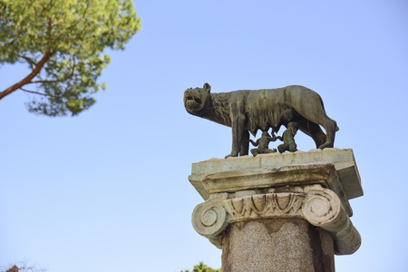 Rome, Lupa Capitolina, symbol of the city of Rome. Romulus and Remus are nursedの写真素材