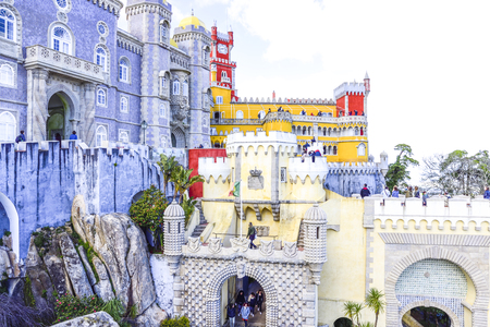 the colorful Pena palace, in Sintra, Lisbon on a bright sunny dayのeditorial素材