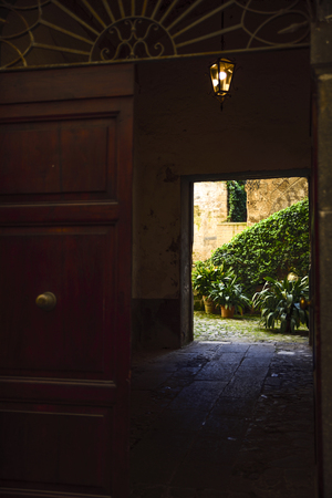 Entrance to a courtyard with ivy and other plants. Orvietoのeditorial素材