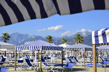 View on the Alpi Apuane from the beach of Versilia (Mediterranean Sea), Viareggio, Tuscany, Italyの写真素材