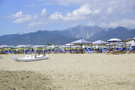 View on the Alpi Apuane from the beach of Versilia (Mediterranean Sea), Viareggio, Tuscany, Italyの写真素材