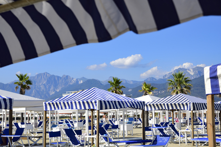 View on the Alpi Apuane from the beach of Versilia (Mediterranean Sea), Viareggio, Tuscany, Italyの写真素材