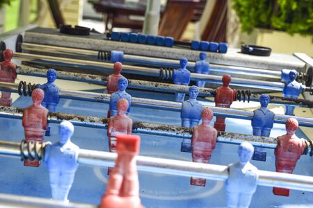 close-up of an old foosball tableの写真素材
