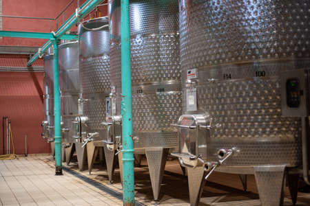 Montefalco, Italy. Cantina (cellar) Scacciadiavoli September 2020. Stainless steel tanks for the...