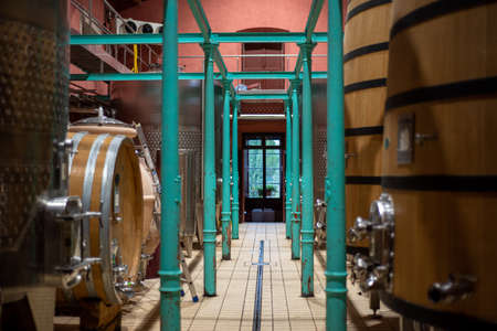 Montefalco, Italy. Cantina (cellar) Scacciadiavoli September 2020. Steel tanks and wooden barrels for the fermentation of wine. Sagrantino of Montefalcoのeditorial素材