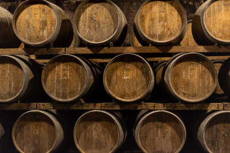 Wooden barrels for wine aging in the cellar. Italian wine.の写真素材