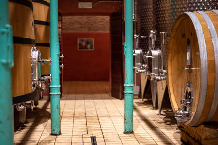 Montefalco, Italy. Cantina (cellar) Scacciadiavoli September 2020. Steel tanks and wooden barrels...