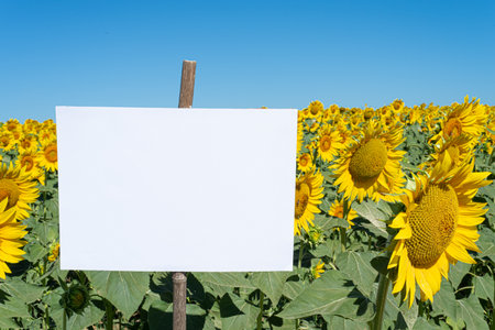 Summer stationery mock-up scene. Blank signboard among a beautiful flowery sunflower field. Concept of joy, party and summer wedding. Copy spaceの写真素材
