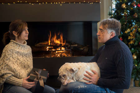 Middle-aged couple exchanges Christmas presents in front of the fireplace with their dog in the living room of the house.の写真素材