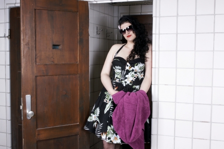 Pretty woman wearing a summer dress posingの写真素材