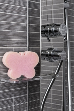 a pink butterfly shaped sponge posed on a trasparent shelf in a showerの写真素材