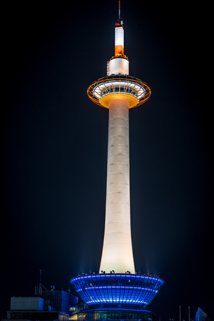 colorful kyoto tower at night in Kyoto, Japanのeditorial素材