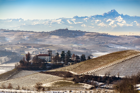 Castle and mount Viso in northern italy, langhe region, piedmontのeditorial素材