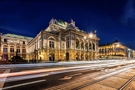 Wien opera building facade at night and traffic trailsのeditorial素材