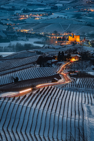 Grinzane  Castle  panoramic view in Langhe Region in winter during blue hour, italyのeditorial素材