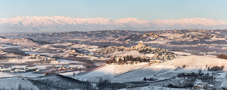 Castle and mount Viso in northern italy,on winter, langhe region, piedmontのeditorial素材