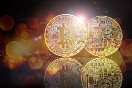 golden bitcoin background with bokeh and flare as concept of global crypto-currencyの写真素材
