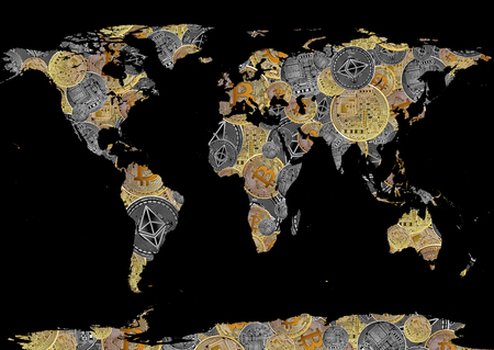bitcoin and ethereum background world map as concept of  global cryptocurrency on blackの写真素材