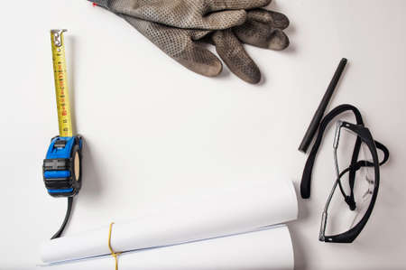 work objects, meter, glasses, gloves, pen