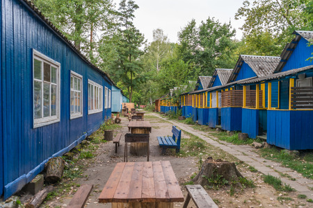 many blue bungalow in a ukrainian camo in the forestのeditorial素材