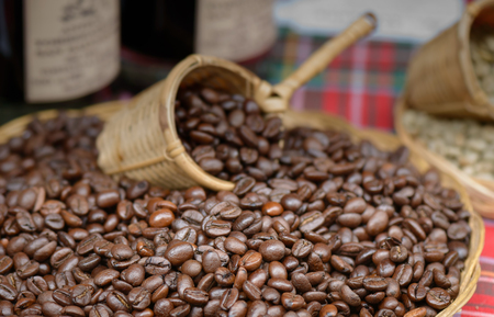 basket with seeds of coffee after being toastedの写真素材