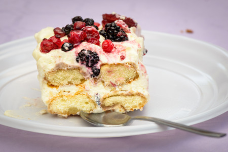 White tiramisu with berries, blackberries and currantsの写真素材