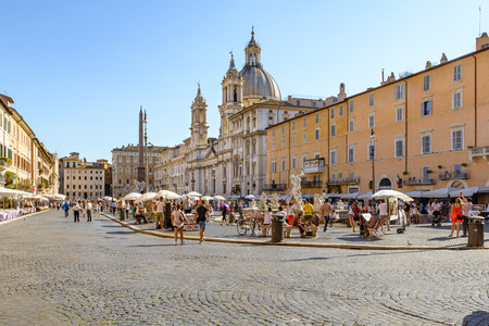 Rome, Italy - August 22, 2015: the famous Navona square in Rome with people walking in a hot day of augustのeditorial素材
