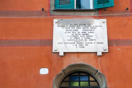 Plate on a wall in memory of napoleone bonaparte in carcare italyのeditorial素材