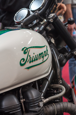Rome, Italy - March 08, 2014: Particular of the tank of a Vintage Triumph motorcycle , in Romeのeditorial素材