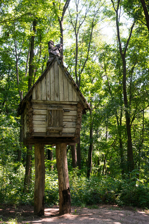 A nice wooden playhouse in an Ukrainian forest near Kharkivの写真素材