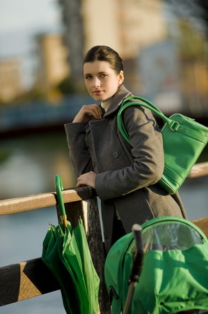 Mother with baby carriageの写真素材