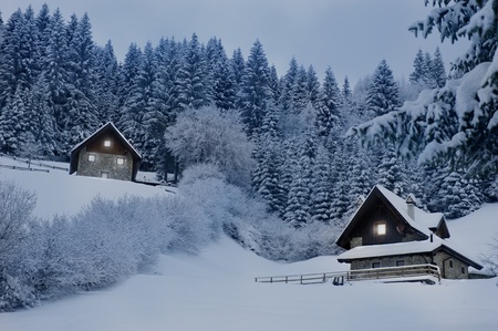 Timber Houses In Snowy Landscapeのeditorial素材