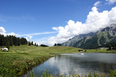 Landscape mountains Lake in Trentino Dolomites Alps Italyの写真素材