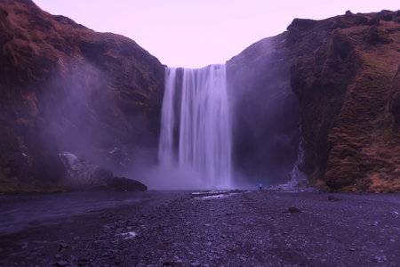 The Skogafoss waterfall in winter, Icelandの写真素材