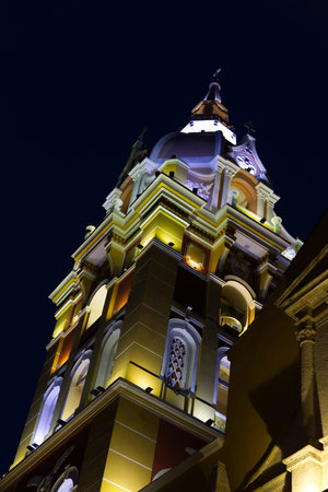 Bell tower of Cathedral of Cartagena in Old Town, Cartagena, Colombiaの写真素材