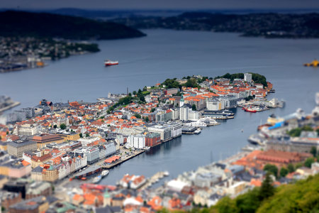 Miniature effect of Bergen city from above, Norwayの写真素材
