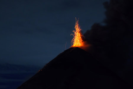 Fuego Volcano Eruption at Night, Antigua, Guatemalaの写真素材