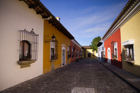 The colorful houses of the city of Antigua, Guatemalaの写真素材